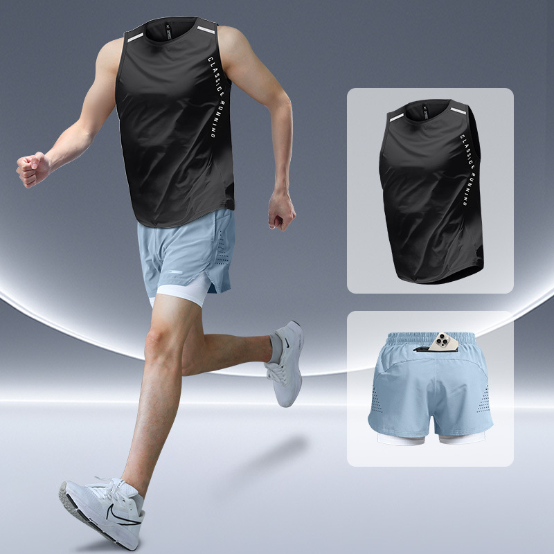 スポーツランニングスーツメンズマラソンアイスシルク速乾ベスト夏陸上トレーニングショーツフィットネス服と機器|undefined