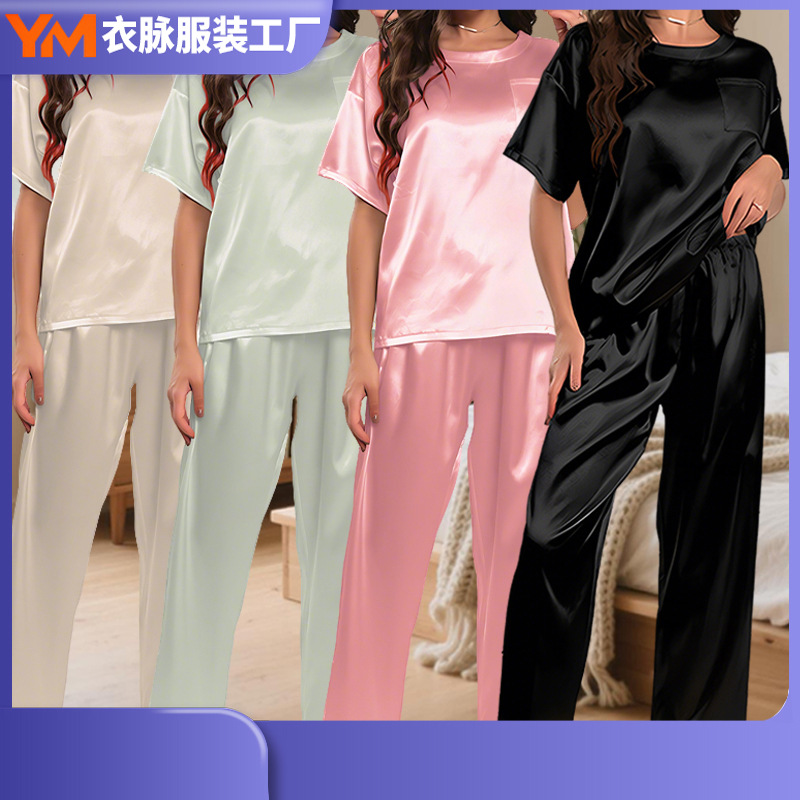 Nuevo estilo transfronterizo de manga corta pijamas sueltos pantalones de dos piezas con cuello redondo grande traje de servicio a domicilio de primavera, verano y otoño al por mayor