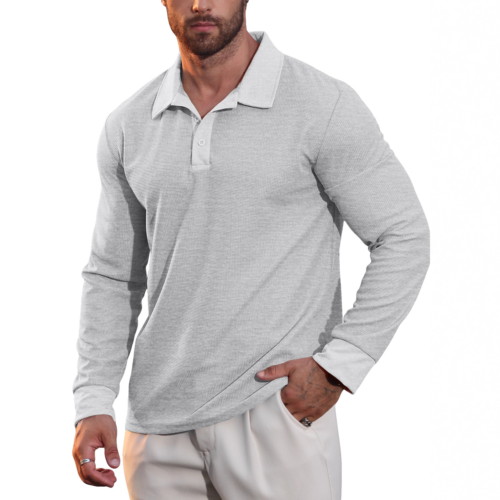 Nuevo otoño transfronterizo europeo y americano nuevo hombre waffle polo camiseta de manga larga de vacaciones casuales americanas