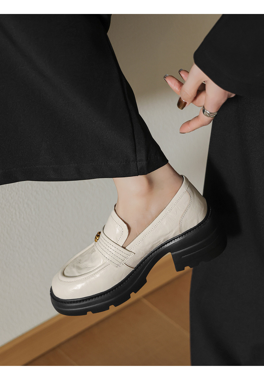 Giày loafer nữ mũi tròn gót vuông dày đế cao 6 cm da cừu — màu nâu chi tiết 23