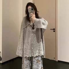慵懒风钩花镂空外套海军领针织开衫女春秋灰色外搭宽松显瘦高级感