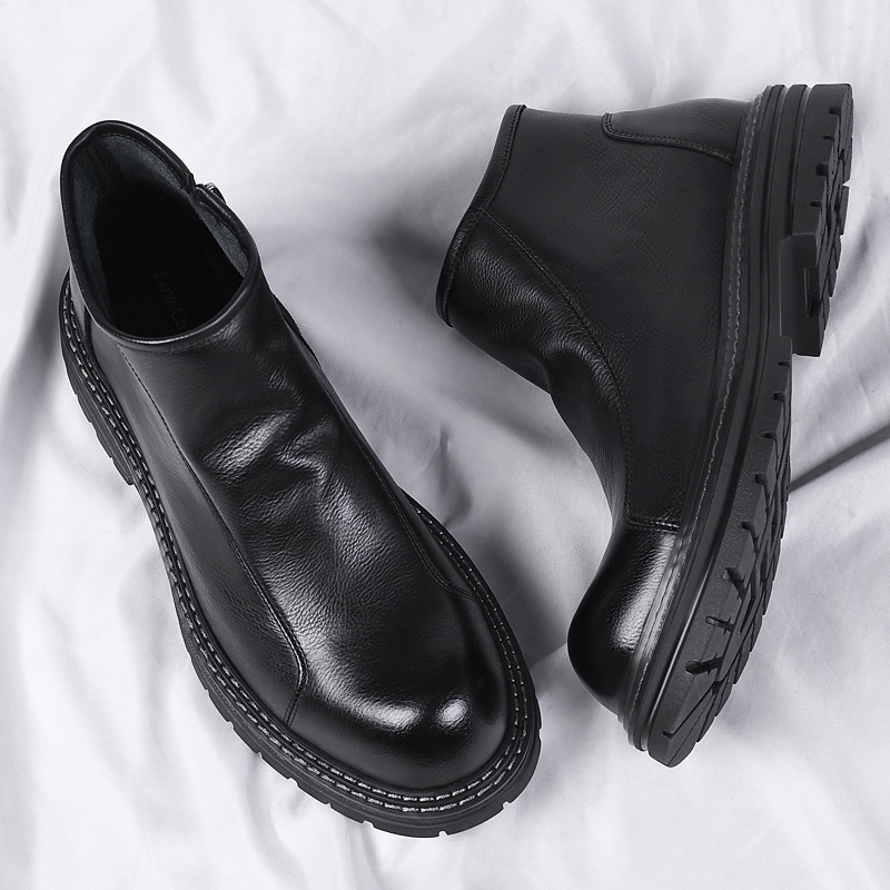 冬季馬丁靴新款加絨高幫皮鞋男真皮保暖拉鏈皮短靴內增高男士棉鞋