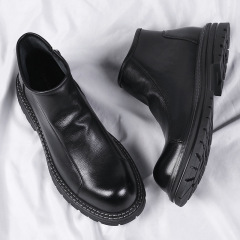 冬季馬丁靴新款加絨高幫皮鞋男真皮保暖拉鏈皮短靴內增高男士棉鞋