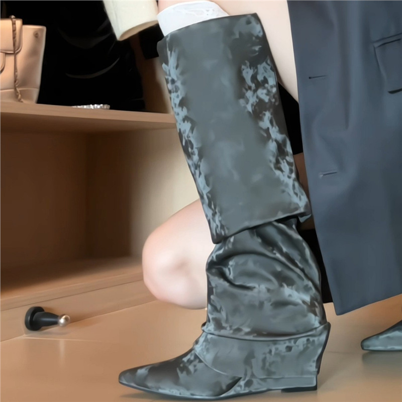 Sheepskin Wedge Inner Boots, Suede Pointed Toe Fashion Boots, Women's Jeans Boots, Pleated Boots