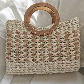 跨境批发新款ins日单草编包 女士手提包玉米皮手提包圆木柄编织包