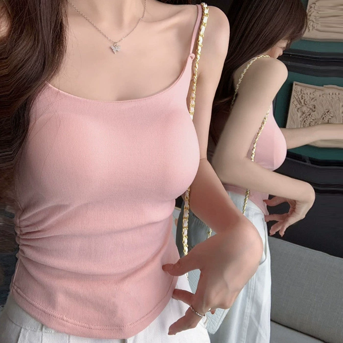Новая модная женская майка с плиссировкой и красивым дизайном спинки, женское нижнее белье с подкладками для груди, короткая верхняя одежда, однотонный топ.