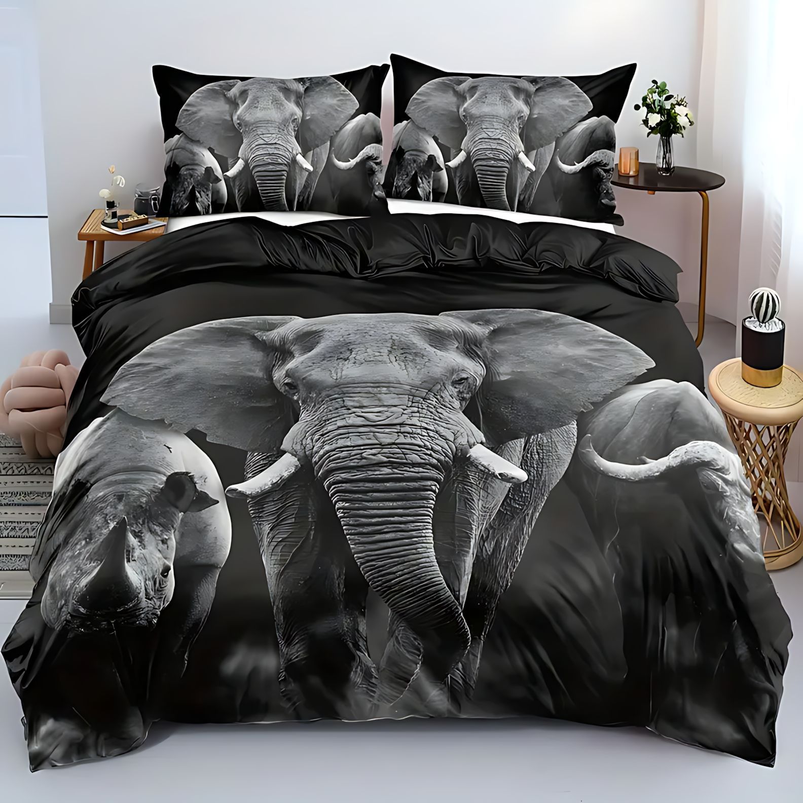 TEMU / JIT textiles domésticos transfronterizos elefante animal patrón de pelo abrasivo colcha de colcha de almohada conjunto de ropa de cama para dibujar