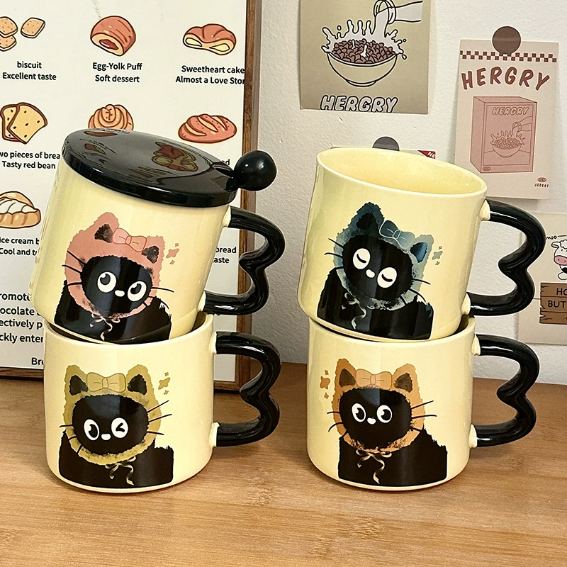 Милая керамическая кружка с крышкой, мультяшный подарок, кружка для воды с ярким видом, креативный персонализированный сувенир с котом