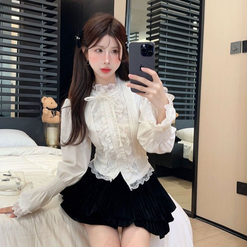 Shanli Dadi Little Chanel Style Flared Puff Sleeve Shirt for Women, Autumn/Winter French Court Style Half-Turtleneck Lace Top