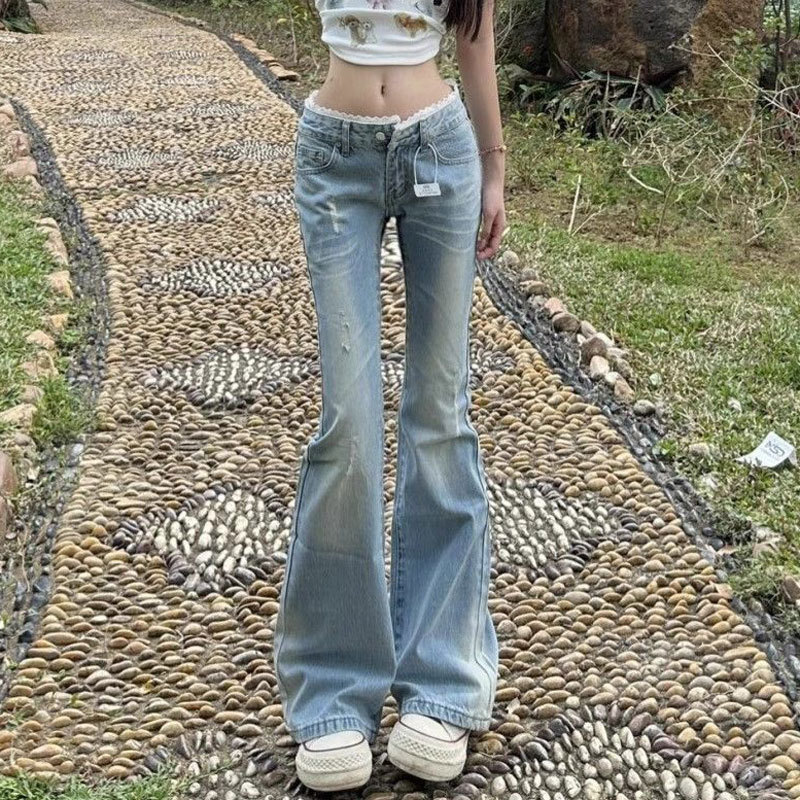 chubby girl Low-rise Straight Jeans Women's plus size Stitching Lace Light-colored Frosted Flared Pants Horseshoe Micro Long Pants chubby girl Low-rise Straight Jeans Women's plus size Stitching Lace Light-colored Frosted Flared Pants Horseshoe Micro Long Pants