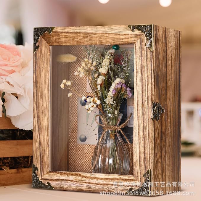 Wooden Photo Frame Display Box Wall-Mounted Dried Flower Decorative Box Hollow Wedding Bouquet Shadow Box Commemorative Box