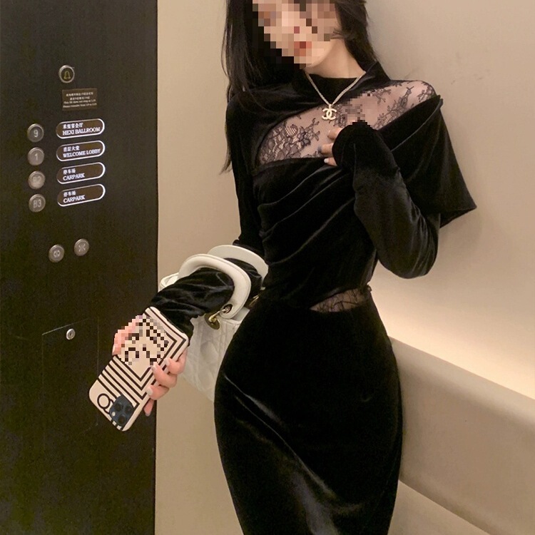 Black Velvet Dress for Women Autum 2024 New French Lace Splicing High-End Banquet Dress Long Skirt Black Velvet Dress for Women Autum 2024 New French Lace Splicing High-End Banquet Dress Long Skirt