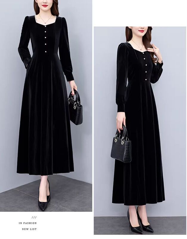 French-Style Elegant Autumn and Winter Velvet Dress for Women, Hepburn Waist-Cinching Slimming Gentle Vintage Gown Long Dress