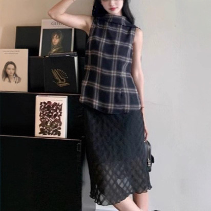 Cheee'Fashionable Manhattan'Top, Feminine Plaid Shirt with Ribbon Design, Halterneck Sleeveless Shirt Vest