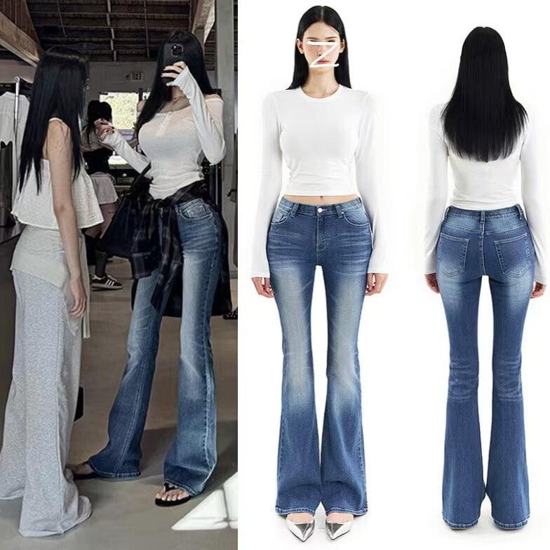Korean Gu*Se Autum New Niche Design Slim Jeans High Waist Slimming Look Washed Versatile Micro-Flared Pants