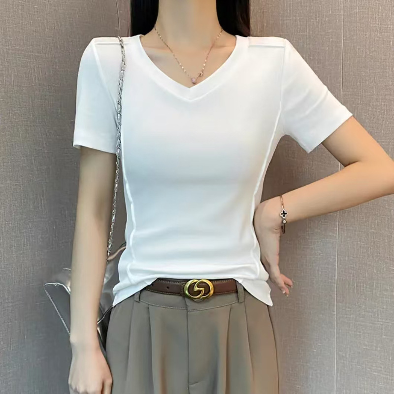2025 New White V-Neck Fishbone Short-Sleeve T-Shirt for Women, Spring and Summer Low-Neck Slim-Fit Slimming Base Half-Sleeve Pure Cotton Top