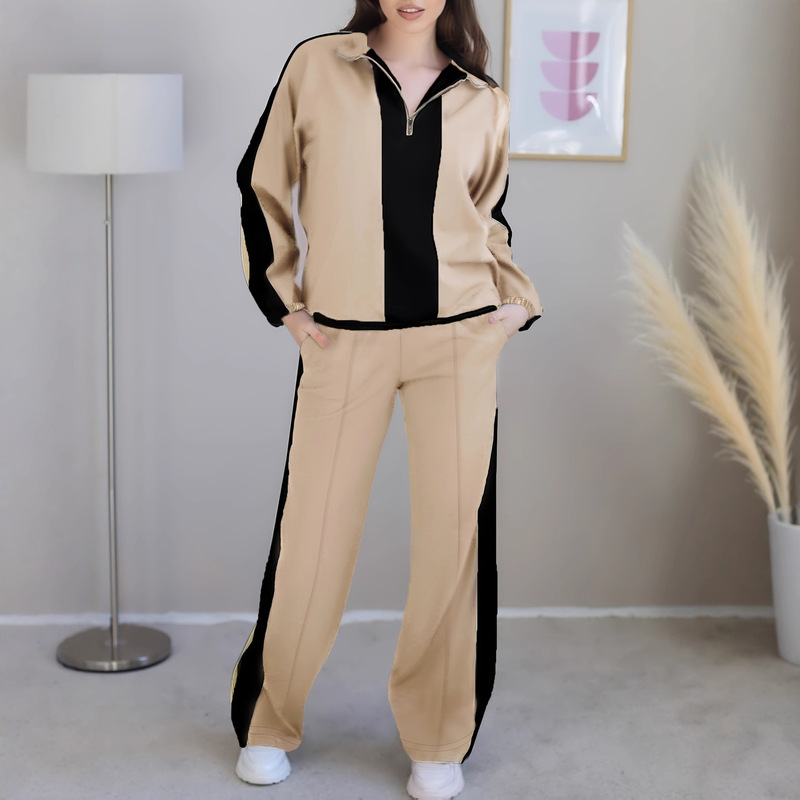 European and American Popular Contrasting Color Sweatshirts and Versatile Straight Pants Casual Autumn and Winter Amazon Women's Sportswear Two-Piece Set