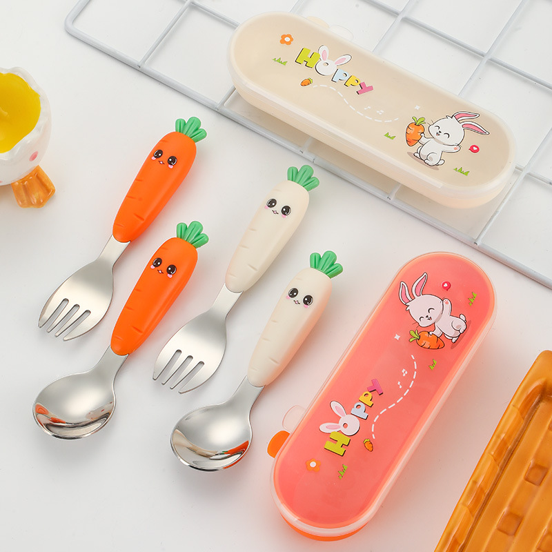Carrot Children's Fork and Spoon Set Amazon 304 Stainless Steel Baby Food Feeding Utensils Cute Training Fork