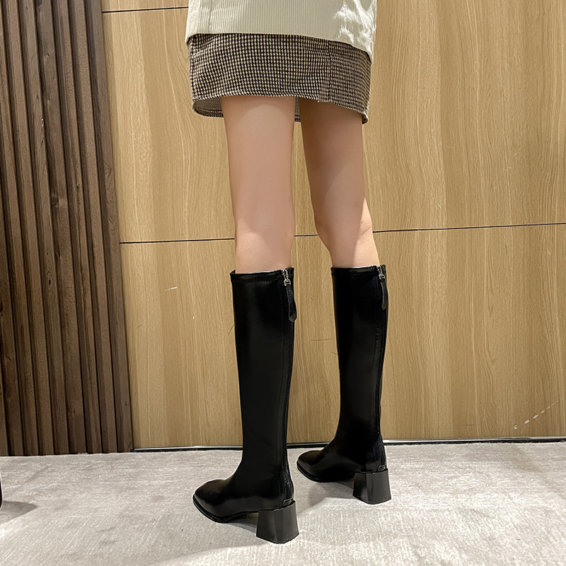2024 Brown Long Boots Women's Thick Heels Square Head Slim and Tall Tube Thick Legs Knight Boots Elastic Long Tube Spring and Autumn Style_voghion.com