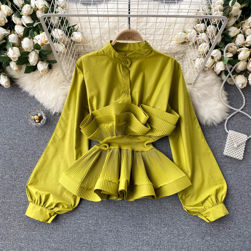 Long sleeve shirt women's design sense niche three-dimensional pleated ruffled waist slimming elegant all-match Spring top women