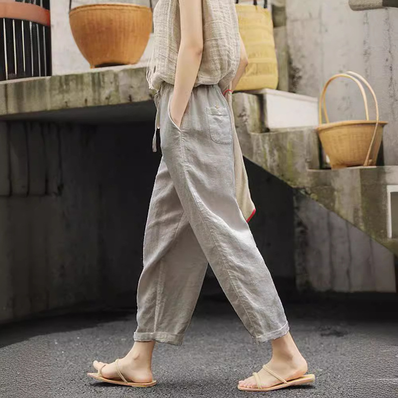 Pick up Leaks ~ Foreign Trade Original Export Pure Color Linen Nine-Point Pants for Women Thin Casual Loose Cotton and Linen Harem Pants