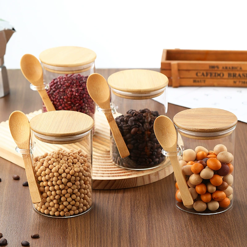 Трансграничная упаковка с ложкой, хранилищем, прозрачная с высоким содержанием боросиликата бамбуковая крышка, чайная банка для кухонного зерна, герметичная банка для хранения кофе