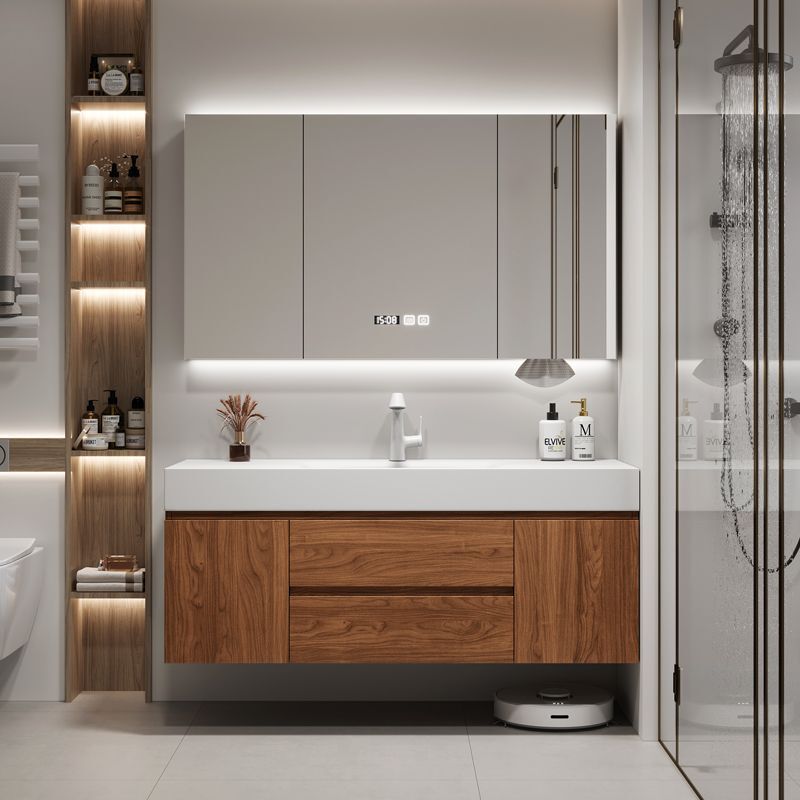 New Vintage-Style Rock Slab Heat-Bent Integrated Basin Bathroom Cabinet Set Washbasin Bathroom Vanity Cabinet