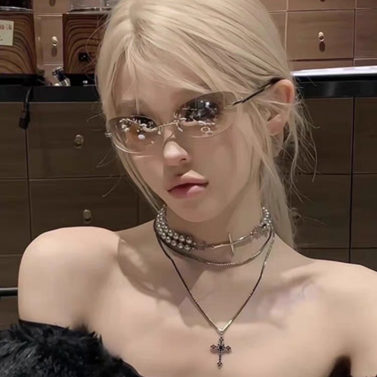 复古椭圆猫眼无边框水银Y2K欧美风太阳眼镜凹造型女款潮街拍墨镜|undefined