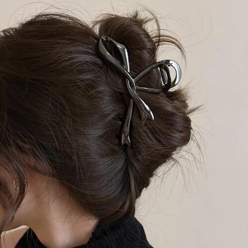  New Arrival Women's Hair Clip with Ribbon Bow on the Back of Head, High-End Silver Metal Clip Hairpin