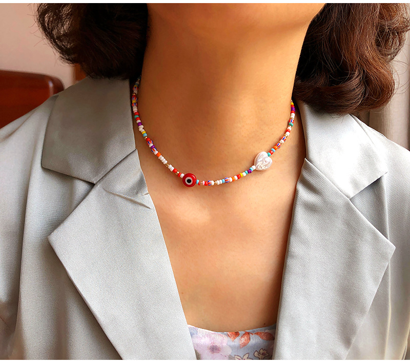 New Summer Color Beads Choker Heart-shaped Collarbone Alloy Necklace Female display picture 2