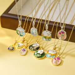 中古風油絵ネックレス女性滴油彩色フランス花ペンダントモネ花園春夏真珠鎖骨鎖
