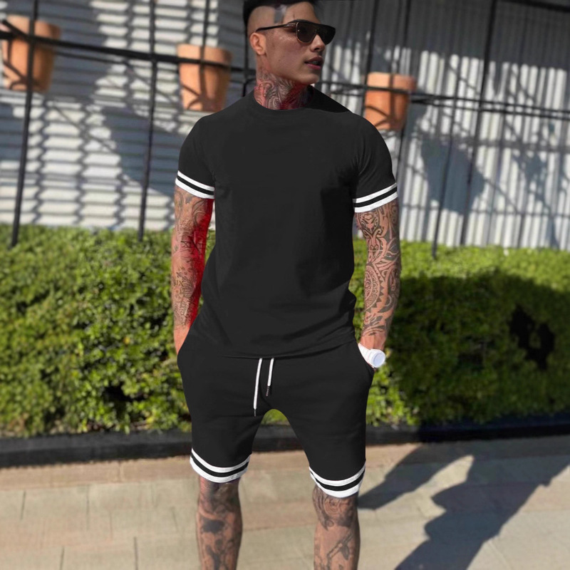 Cross-Border Export Hot-Selling Men's Suit Summer Casual Shorts Men's Sports Pants Black and White Cuffs Casual Short-Sleeved T-Shirt