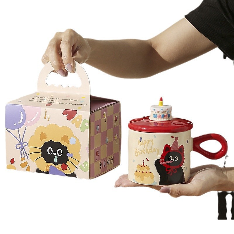Regalo de cumpleaños de cerámica taza de agua de pareja de alto valor de caricatura encantadora caja de regalo de gato regalo de acompañante taza de desayuno