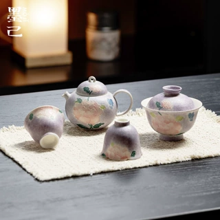 墨己洒紫牡丹蝴蝶手绘陶瓷茶具新中式家用功夫茶具茶壶盖碗茶杯