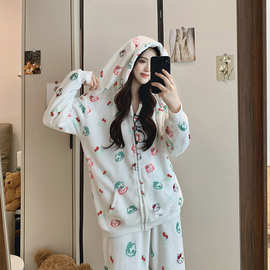 # 秋冬新款法兰绒睡衣女甜美时尚家居服套装春季