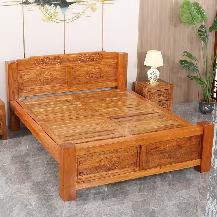 新中式老榆木实木床卧室储物箱体床民宿酒店双人原木床家用收纳床