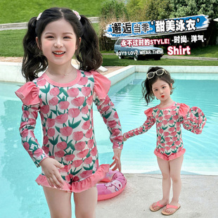 Girls Sweet Flower One-Piece Swimsuit 2025 New Kidsren's Long-Sleeved Sun Protection Fashionable Casual Outdoor Swimsuit
