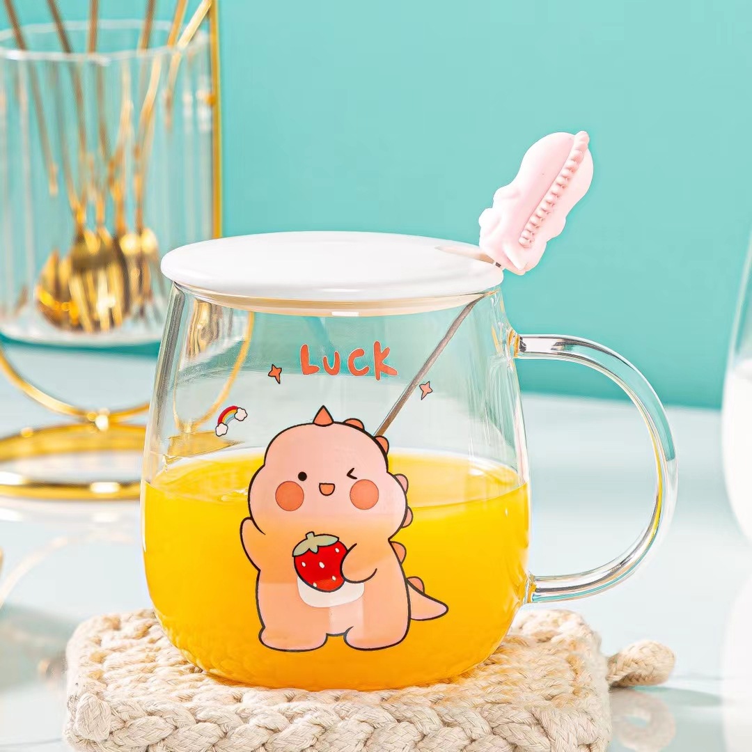 Lindo dinosaurio de dibujos animados taza de agua de cristal con tapa cuchara taza de regalo personalizado taza de jugo de Corea taza de café LOGO
