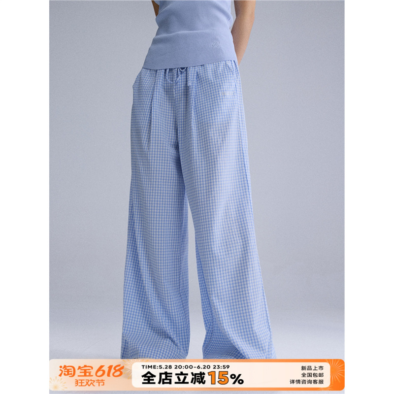 HEYABC 春夏复古蓝格子阔腿裤女2025宽松显瘦垂感多巴胺直筒长裤|undefined