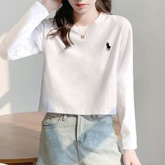 潮牌白色圆领长袖t恤女2025秋季爆款黑色宽松内搭短款打底衫上衣
