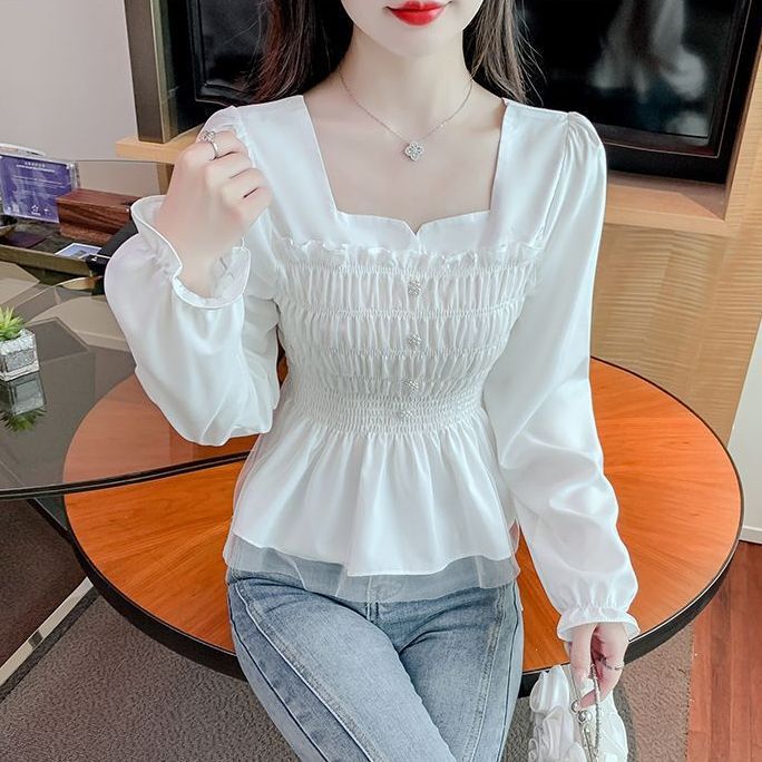 French Lace Mesh Chiffon Shirt, Sweet Square Neck Long-Sleeved Top for Women, Chic Design Niche Waist Shirt for Women