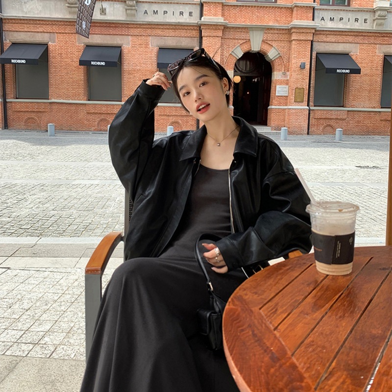 复古棕色皮衣外套女2025秋新款美拉德小个子感翻领机车夹克|undefined