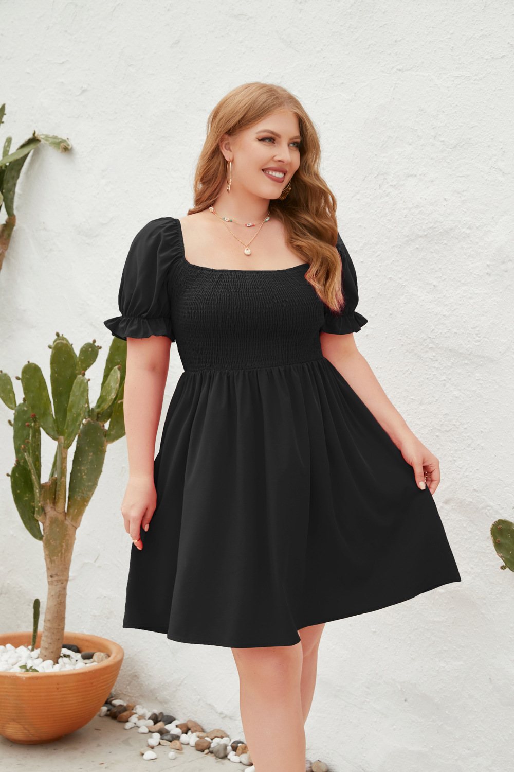 Rochie de damă cu mânecă lungă și evazată, cu guler pătrat și evazat, stil de călătorie_voghion.com