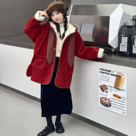 女童秋冬款外套2025新款加绒深秋加厚女孩中长款初冬洋气呢子大衣