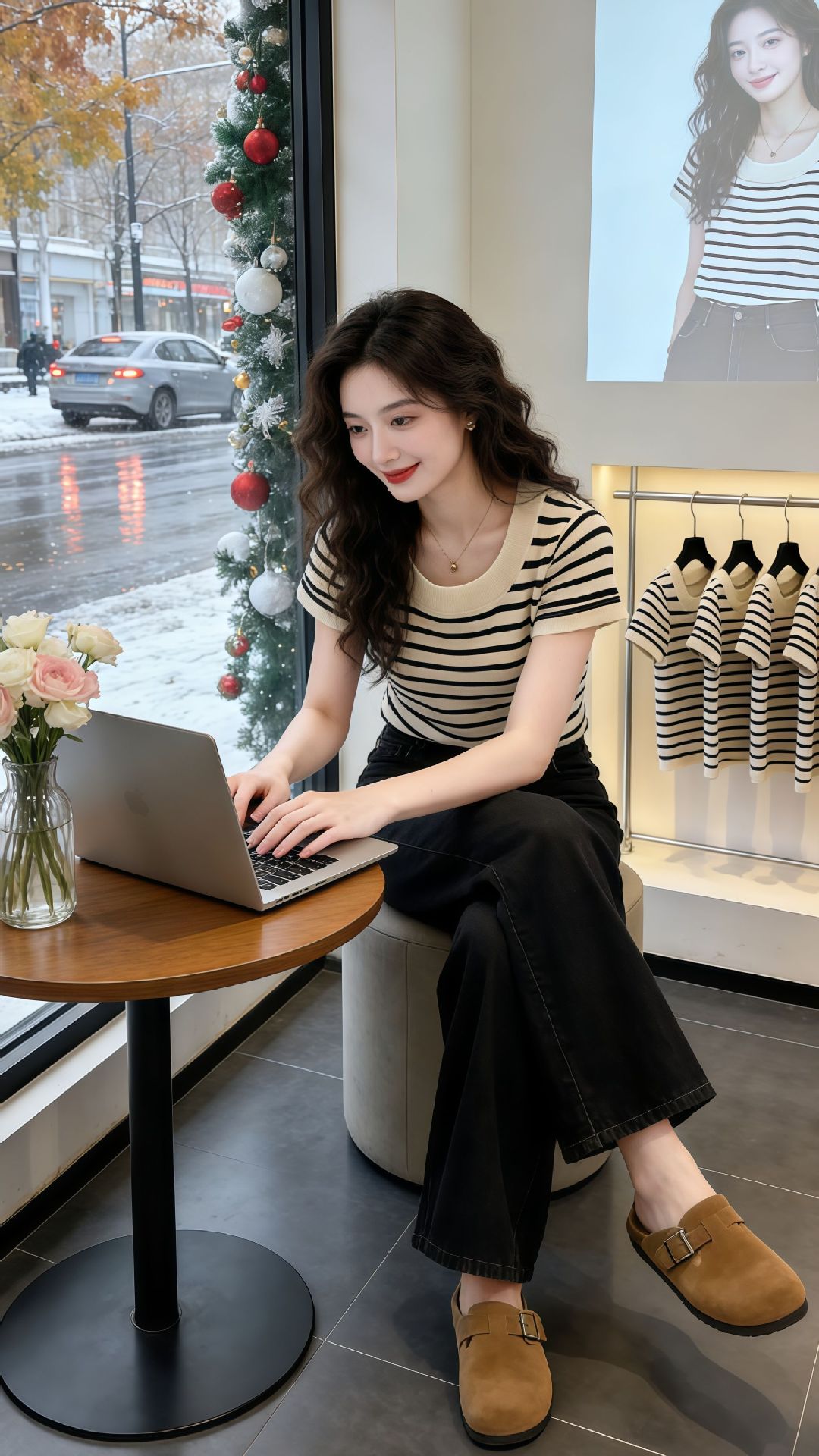 Áo thun nữ cổ U sọc kẻ ngang tay ngắn dệt kim sợi mát form ôm dáng ngắn — Đen dải màu trắng xen kẽ chi tiết 1
