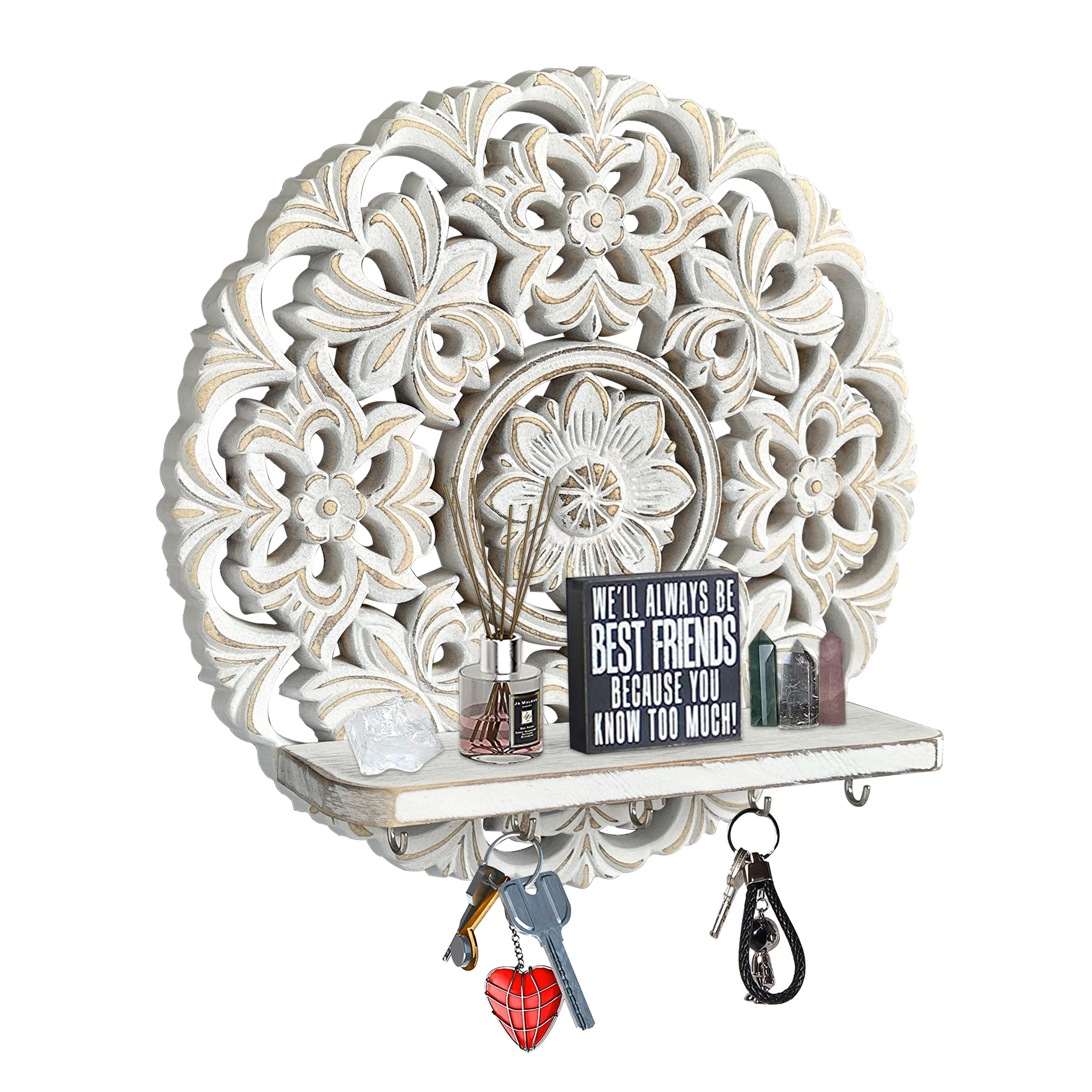 White Bohemian Style Solid Wood Wall-Mounted Storage Frame Storage Rack for Living Room and Bedroom