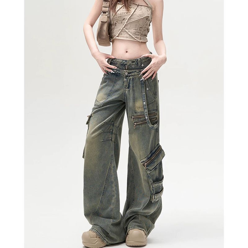 American Style Retro Heavy Industry Multi-Pocket Tooling Jeans Women's Explosive Design Sense High Waist Loose Straight Leg Wide Leg Pants