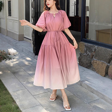 TEMU独立站外贸新款泡泡袖短袖女中长款收腰气质度假约会连衣裙