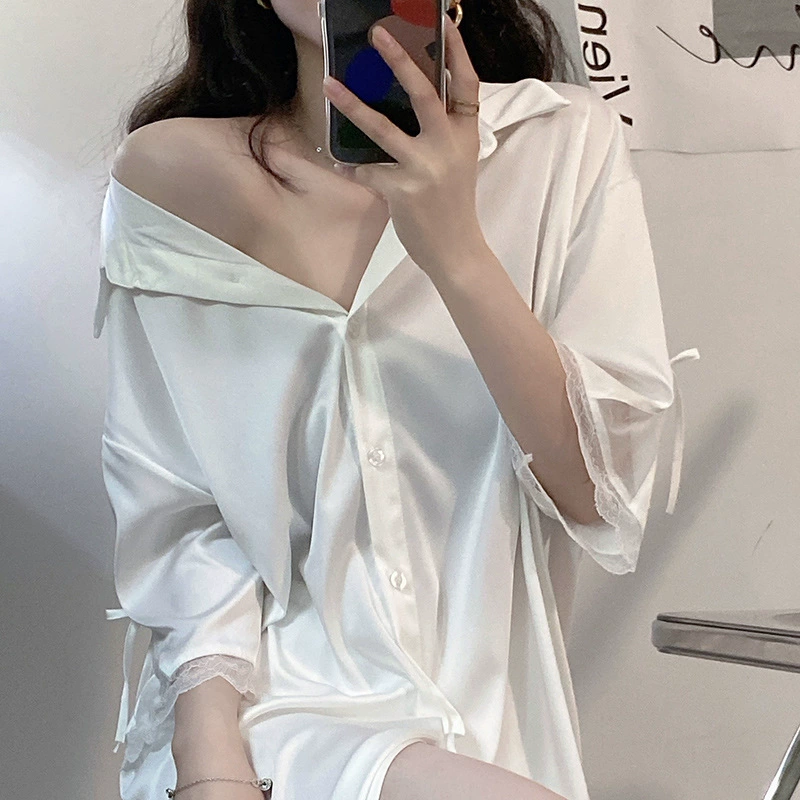 2024 летняя Половина рукава средней длины Ночная Пижама женская сексуальная мода рубашка воротник ледяной шелк Кружева Ночная рубашка