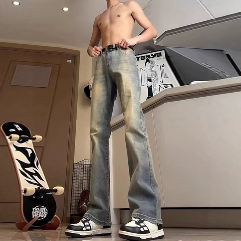 American High Street Retro Blue High-Waisted Jeans Men's Autum Vibe Pants Tall Slim Straight-Leg Pants